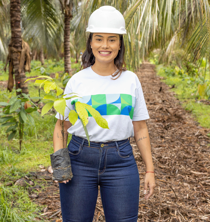 Employee holding plant sapling